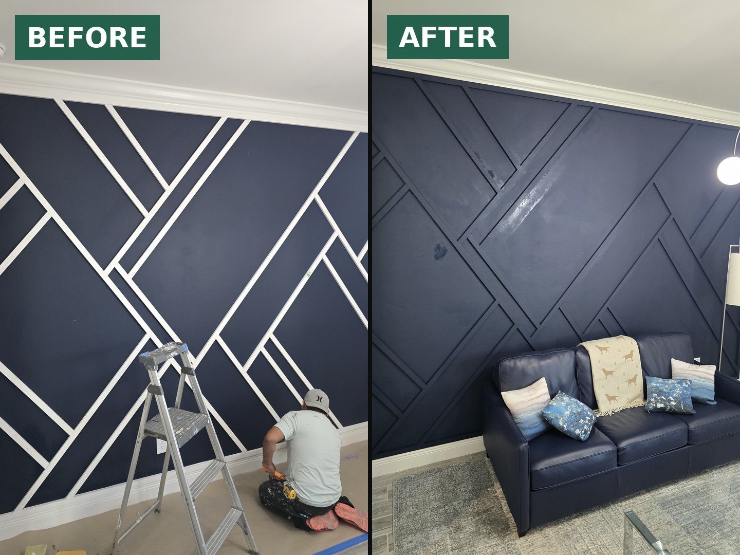 Dark geometric accent wall before and after
