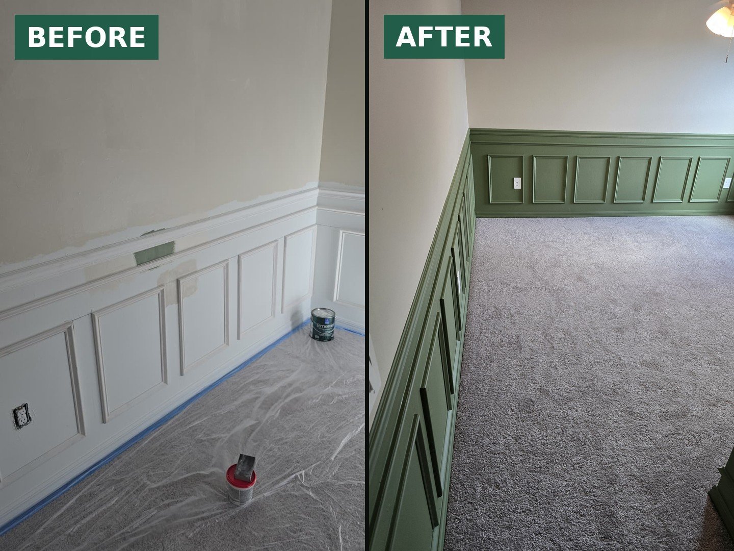 Before and after of green wainscoting painted by Carter Elite Renovations